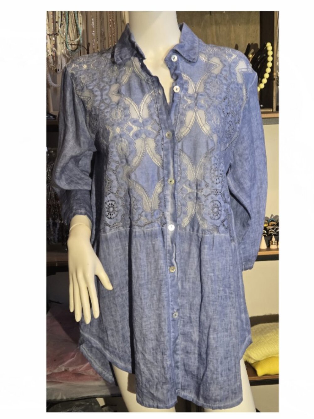 NWOT Blue Linen Lace Button-down Shirt Large